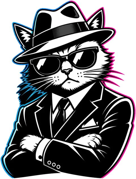 ALPHA mascot cat in a fedora with arms crossed