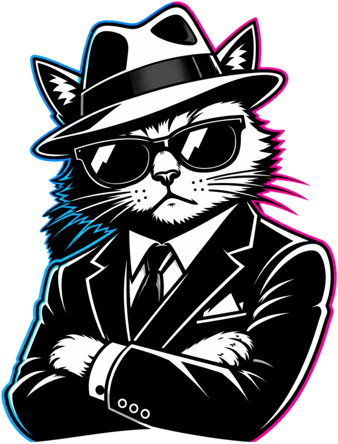 ALPHA mascot: a cat in a fedora, sunglasses and a suit, arms crossed