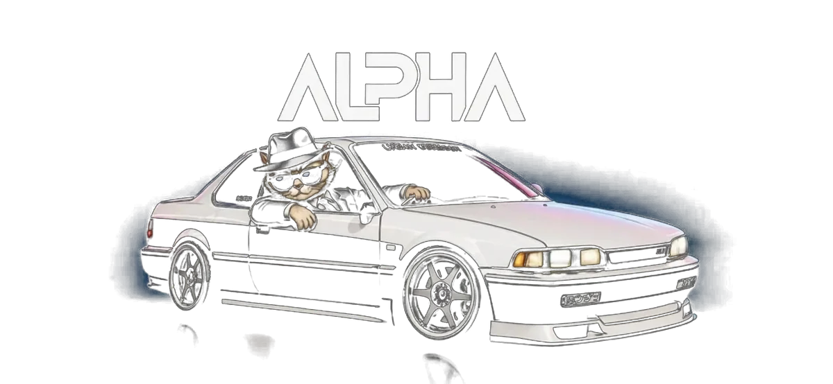 ALPHA logo above a white and black OBD1 Honda Prelude with a cat in a fedora at the wheel