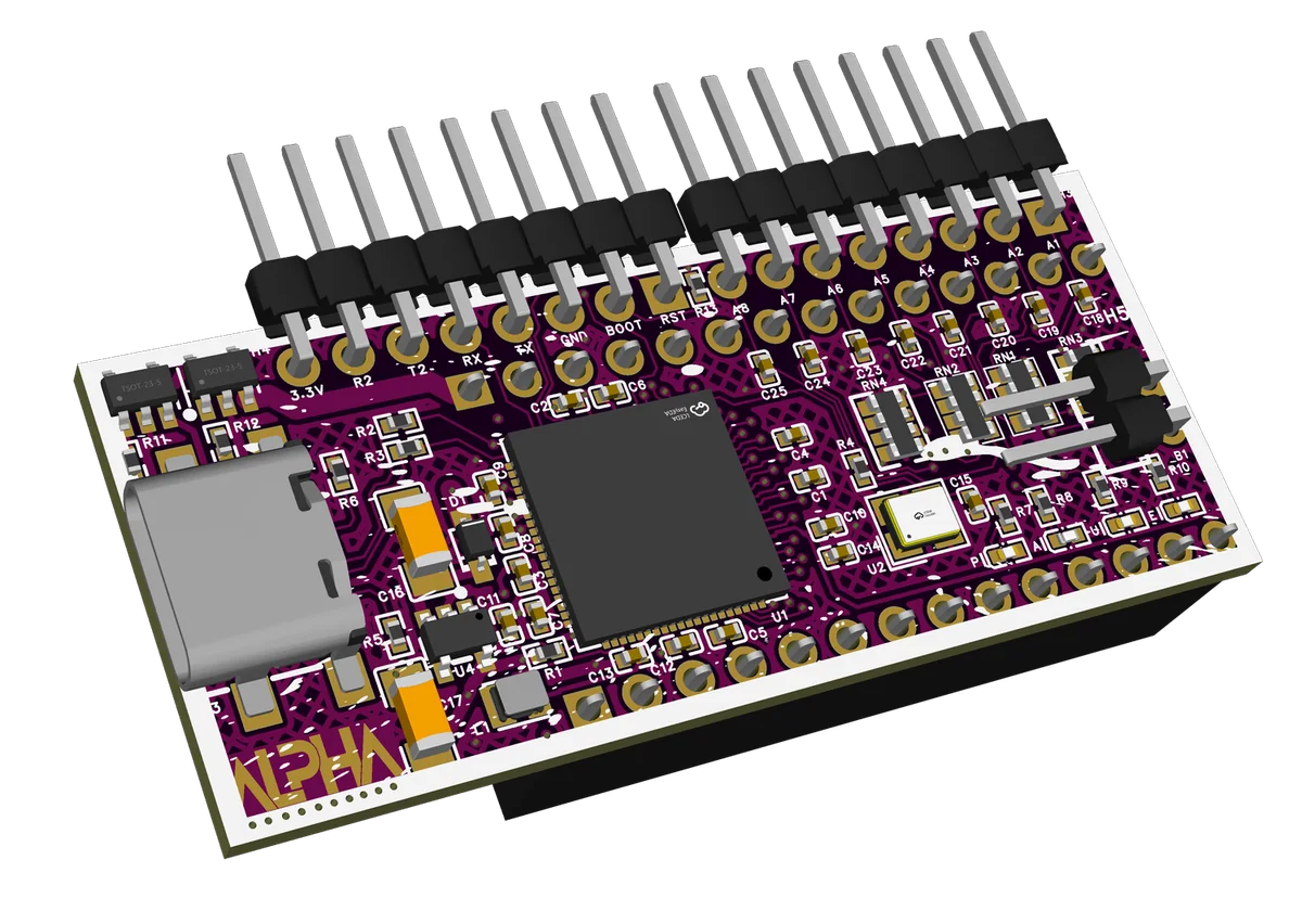 ALPHA NextGEN EMU 3D PCB render: USB-C port, MCU, ALPHA expansion pins, 8-pin analog header, 2-pin map control header and the 28-pin ROM bus header underneath