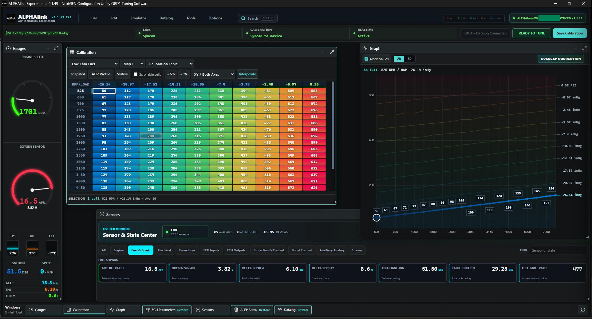 ALPHAlink 0.1.49 with gauges, calibration table, graph and sensor center